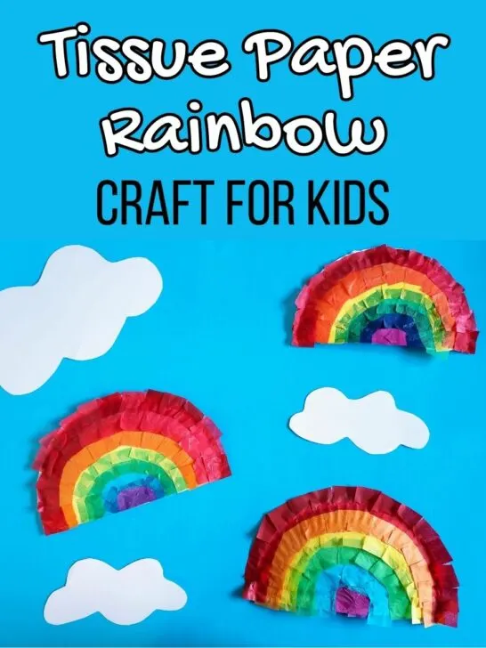 White and black text on blue background at top says Tissue Paper Rainbow Craft for Kids. Rainbows made with tissue paper on paper plates are arranged on blue paper around white paper clouds to show completed craft project.