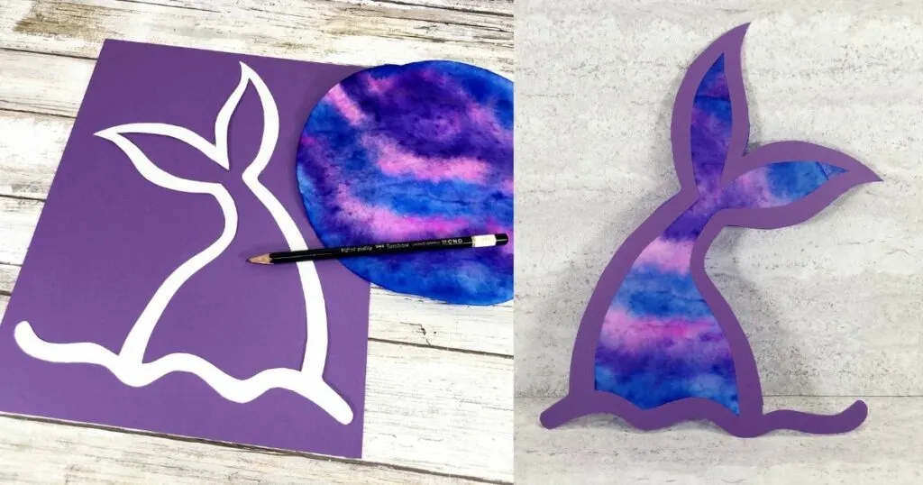Left side is a picture of a white mermaid tail outlined template laying on purple cardstock for tracing. The right side shows a finished coffee filter mermaid tail suncatcher.