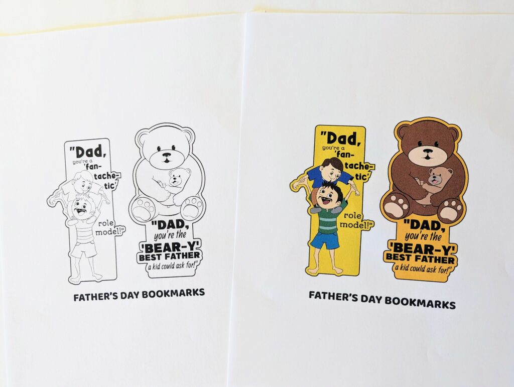 A set of Father's Day themed bookmarks printed out and laying side by side. Bookmarks on left are black and white for someone to color them in. Set on the right is printed in full color.