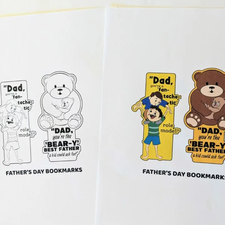 A set of Father's Day themed bookmarks printed out and laying side by side. Bookmarks on left are black and white for someone to color them in. Set on the right is printed in full color.