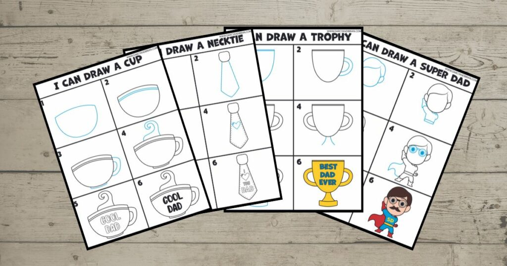 Four page previews showing there are black and white versions and color versions of the drawing tutorials for kids. The four pages show drawing a coffee cup, a tie, a trophy, and a dad wearing a cape.