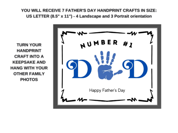 Shows mockup of Number 1 Dad handprint art in a frame and suggests hanging it as an art keepsake.