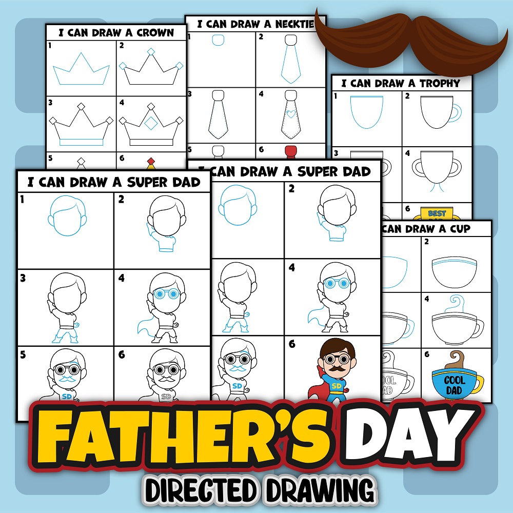 Mock up showing various pages from the Father's Day directed drawing printable pages for kids on a light blue background.
