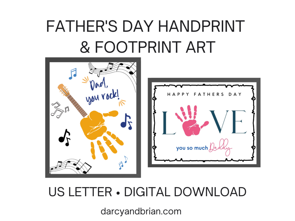 Image is advertising a set of Father's Day themed hand print and footprint art templates that are for sale in the shop.