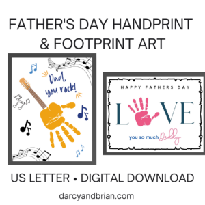 Black text at top says Father's Day Handprint and Footprint Art. Mockup images of two handprint art templates. On left uses handprint to make a guitar. On right uses handprint as letter O in the word LOVE. Black text at bottom says US Letter Digital Download.