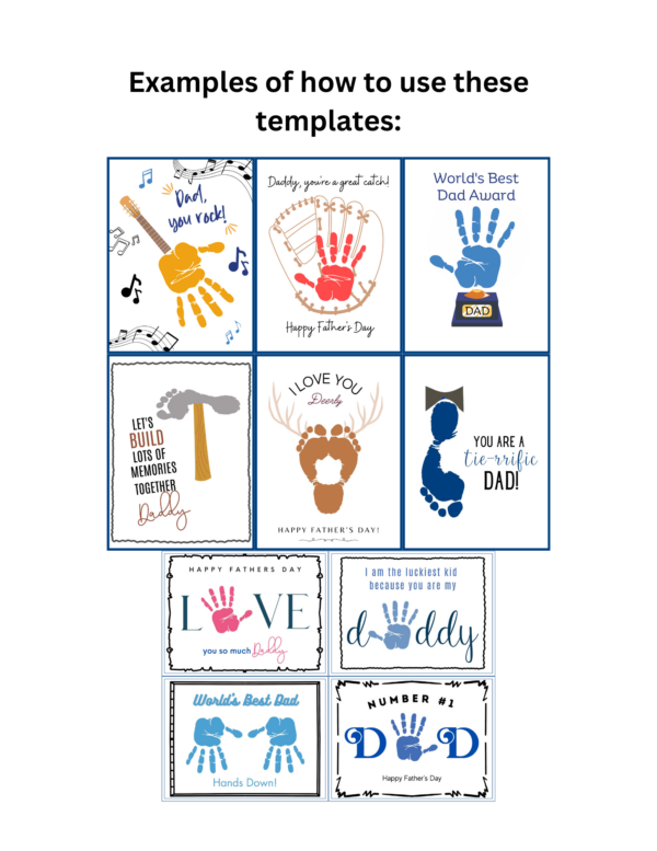 Collage of all 10 art templates showing example of each having hand or footprints on them.