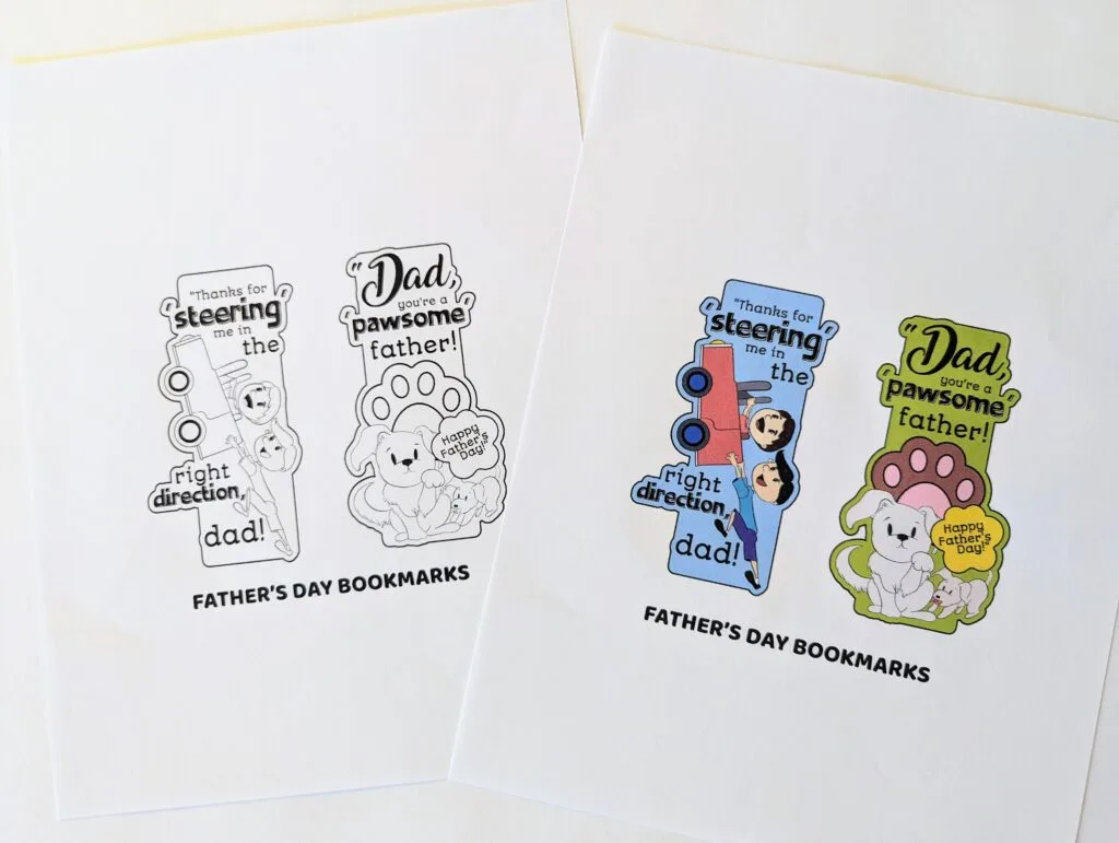 A black and white version of two Father's Day bookmarks printed out on paper laying next to a print out of the same design in full color.