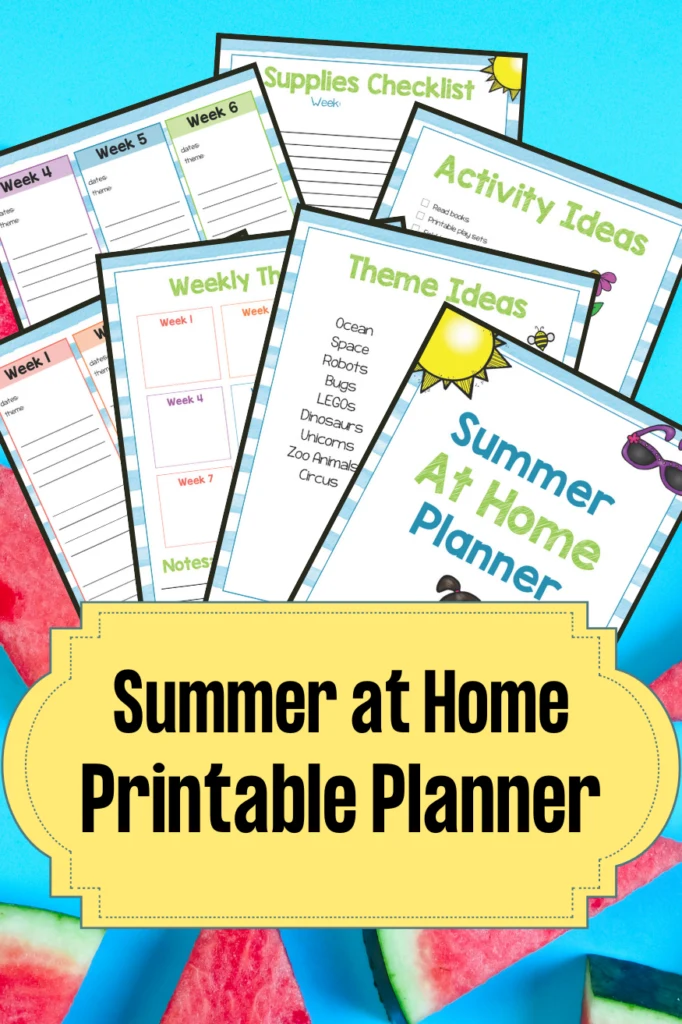 Preview of seven pages from printable planner arranged in an overlapping fanned out way over a blue background with watermelon slices. Near the bottom is black text on a yellow box that says Summer At Home Printable Planner.