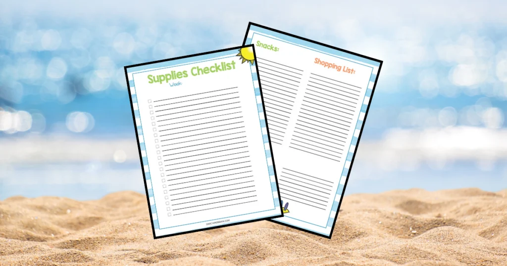 Preview of the supply checklist and snacks and shopping list pages from the summer planner printable. Page images overlap each other on a beach background.