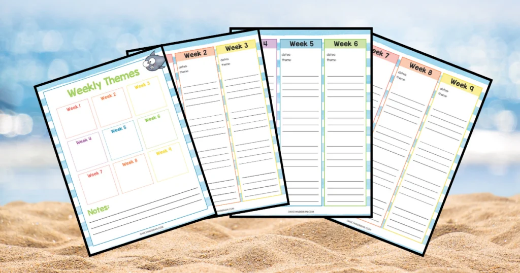 Preview images of four weekly schedule pages from the printable summer learning planner. Background image is water and sand at the beach.
