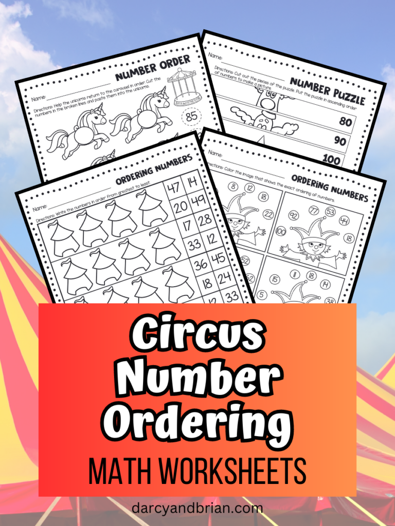 Four preview images of printable circus themed number ordering worksheets over a background with circus tents.