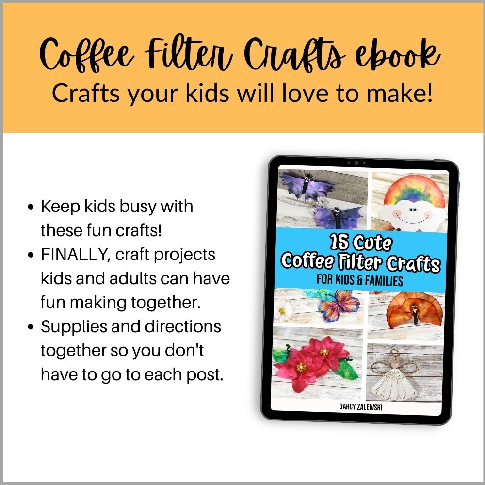 Text at top says Coffee Filter Crafts ebook. Crafts your kids will love to make! More text lists information about product. Image of ebook cover on tablet on the left side.