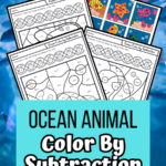 Mockup image of four color by subtraction pages from printable set on ocean background. Black and white text on bright blue box on bottom half of image says Ocean Animal Color By Subtraction.