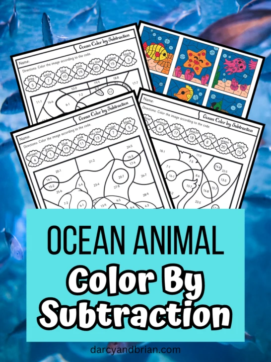 Mockup image of four color by subtraction pages from printable set on ocean background. Black and white text on bright blue box on bottom half of image says Ocean Animal Color By Subtraction.