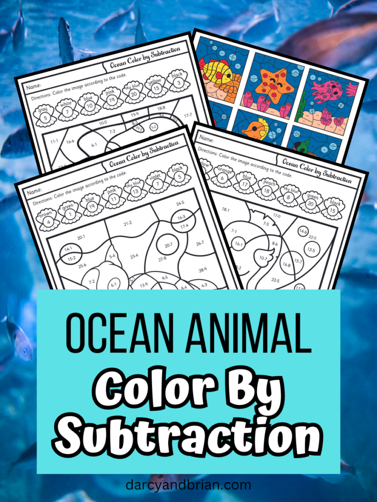 Mockup image of four color by subtraction pages from printable set on ocean background. Black and white text on bright blue box on bottom half of image says Ocean Animal Color By Subtraction.