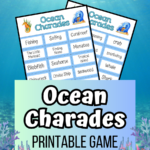 Mockup image of printable game on an under the sea background. Text on a light blue box on the bottom part of image says Ocean Charades Printable Game.