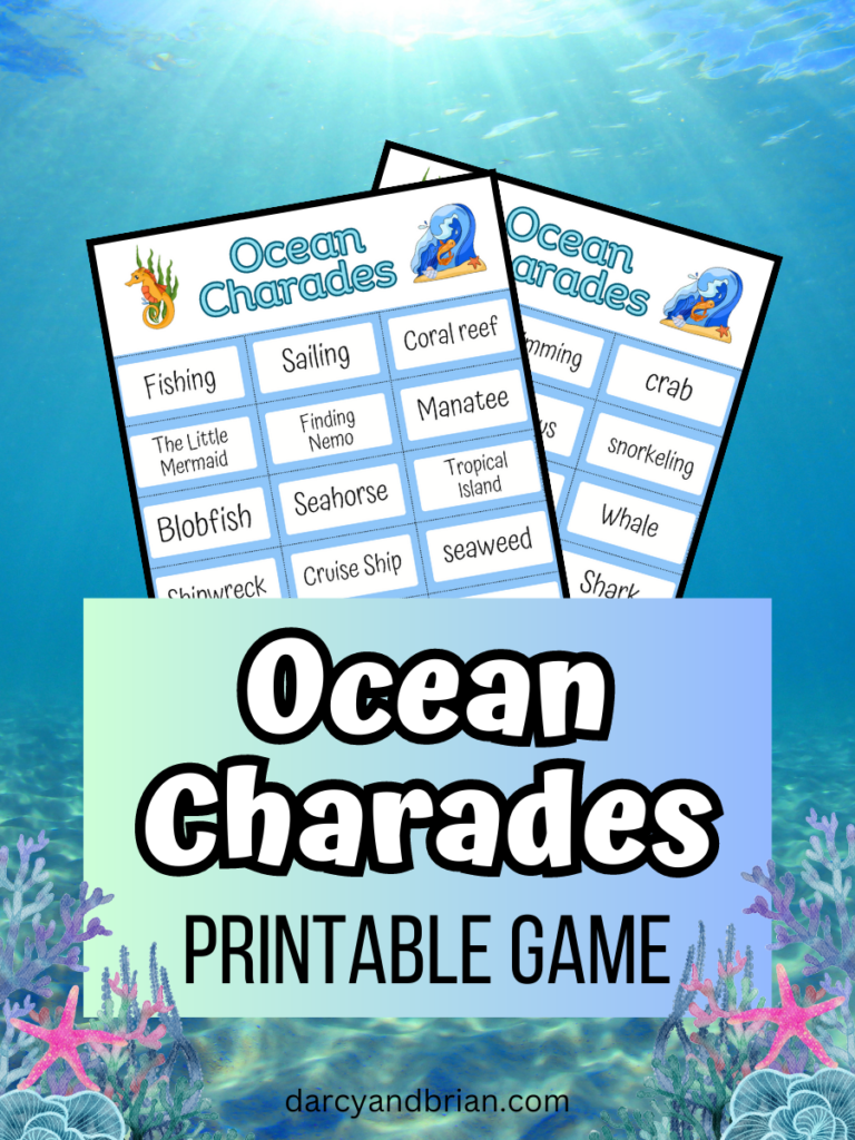Mockup image of printable game on an under the sea background. Text on a light blue box on the bottom part of image says Ocean Charades Printable Game.