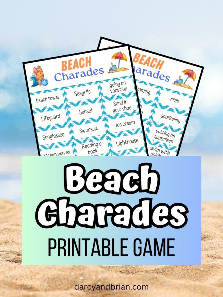 Preview image of printable beach charades game with a light blue box covering the bottom part of the pages with text that says Beach Charades Printable Game. Background of image shows a sandy beach and blue waves.