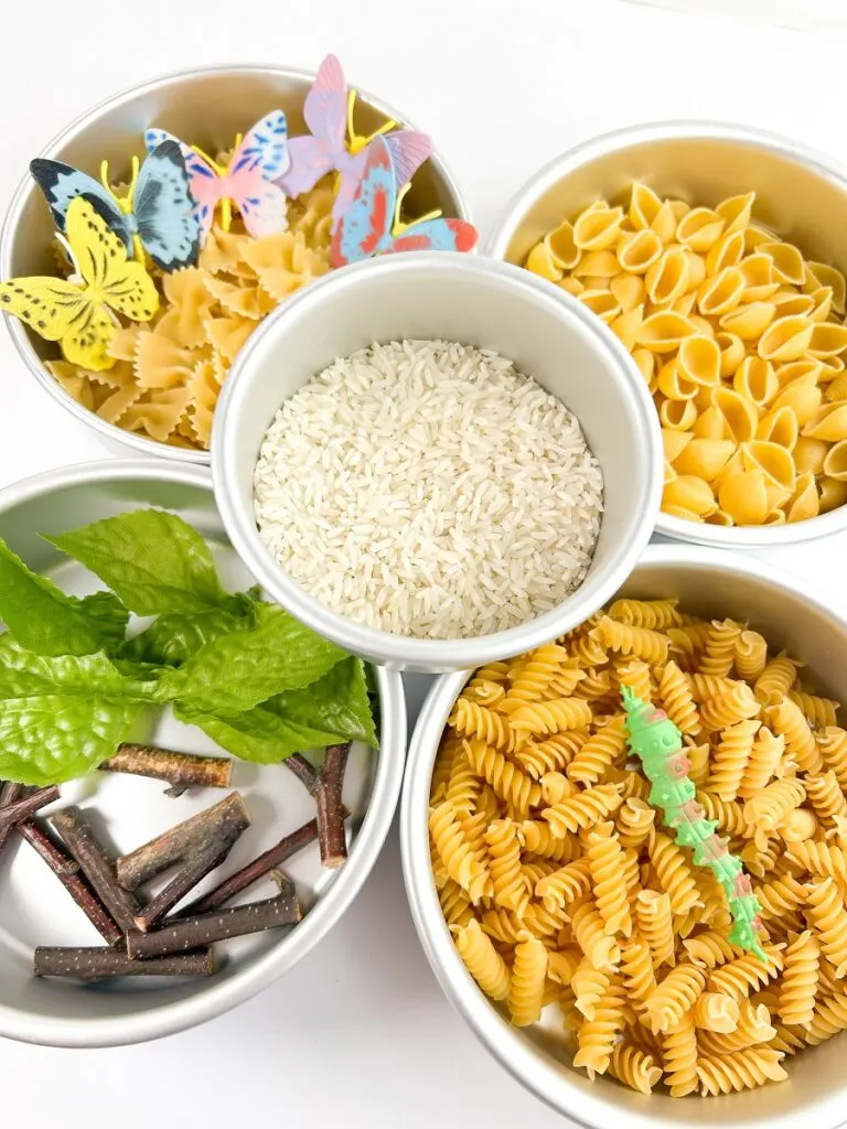 Small white bowls filled with rotini, shell pasta, farfalle, uncooked white rice, plastic butterflies, and fake twigs and leaves.