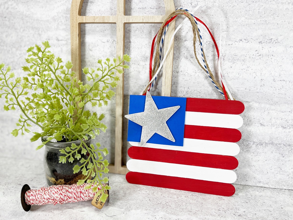 Completed hanging flag craft decoration made from craft sticks. It's leaning against a wood frame prop near a small green plant.