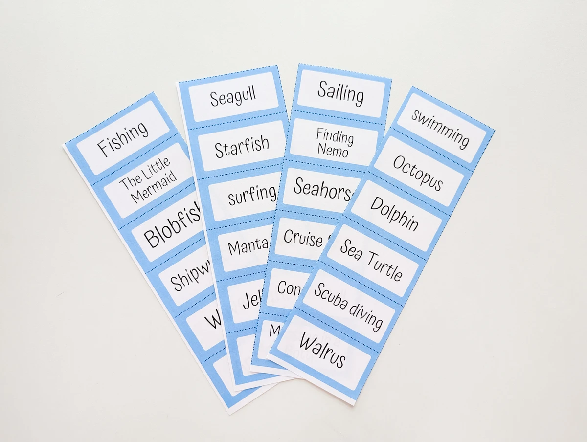 Four columns of ocean themed word cards printed out on paper.