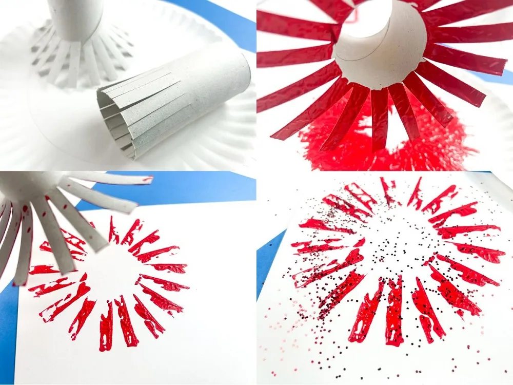 Collage of four images showing step by step process of tp roll fireworks craft. Upper left shows paper tubes with one end cut into strips. Upper right shows the fringe strips covered in red paint. Lower left shows the red paint fireworks burst left on the paper after stamping the tp roll on it. Lower right shows sprinkling glitter over the wet paint.