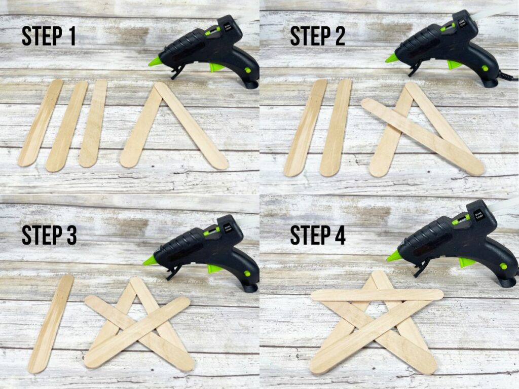 Four photos used to create a step-by-step picture tutorial of how to lay out popsicle craft sticks to make a five pointed star.