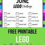 Mock up image of June LEGO Challenge printable. Bottom half is covered with green box with black and white text in it that states Free Printable LEGO Building Ideas.