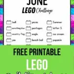 Mock up image of June LEGO Challenge printable. Bottom half is covered with green box with black and white text in it that states Free Printable LEGO Building Ideas.