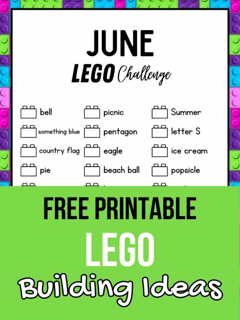 Mock up image of June LEGO Challenge printable. Bottom half is covered with green box with black and white text in it that states Free Printable LEGO Building Ideas.