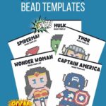 White text at the top on blue background says Superhero Bead Templates. Preview image of five different pages overlapping each other. Pages show Wonder Woman, Captain America, Spiderman, Hulk, and Thor inspired fuse bead design ideas.