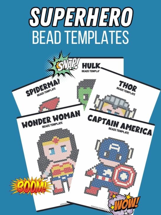 White text at the top on blue background says Superhero Bead Templates. Preview image of five different pages overlapping each other. Pages show Wonder Woman, Captain America, Spiderman, Hulk, and Thor inspired fuse bead design ideas.