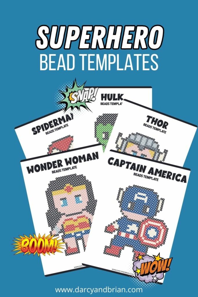 White text at the top on blue background says Superhero Bead Templates. Preview image of five different pages overlapping each other. Pages show Wonder Woman, Captain America, Spiderman, Hulk, and Thor inspired fuse bead design ideas. 