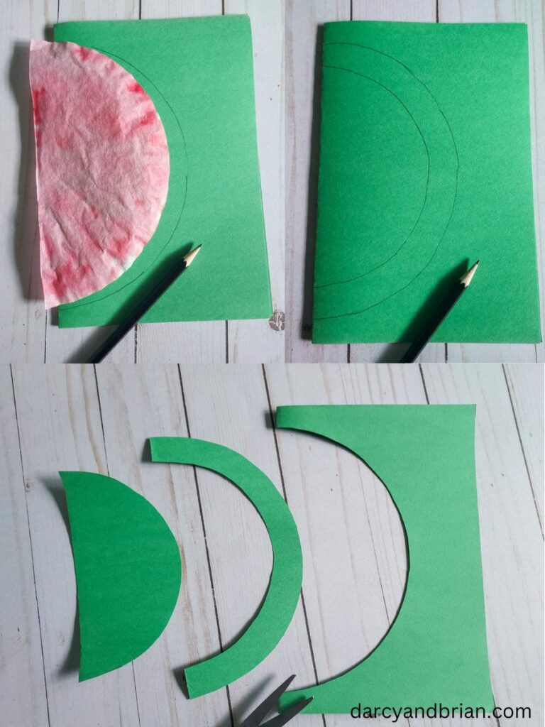 Three step image collage showing tracing the outer part of the coffee filter and cutting out the watermelon's rind from green construction paper.