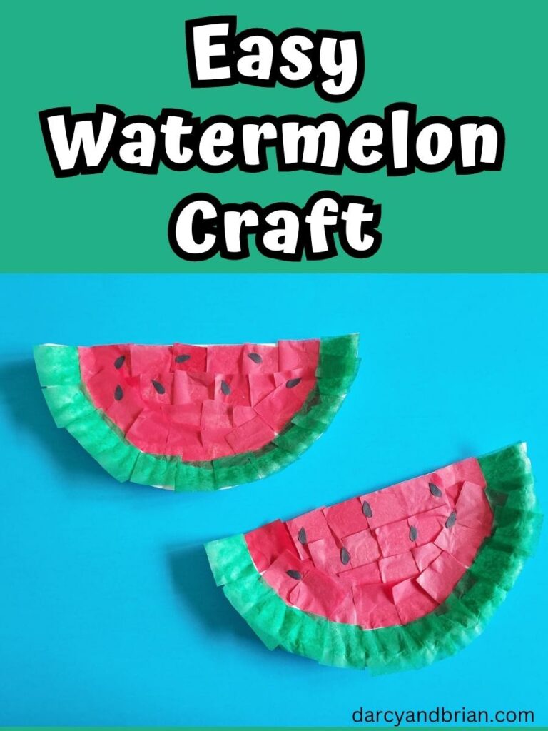 Two watermelons made using paper plates and tissue paper laying on blue background. Above craft projects text on a green background says Easy Watermelon Craft.