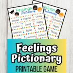 Digital preview of two pages of word cards to cut out for Feelings Pictionary Printable Game.