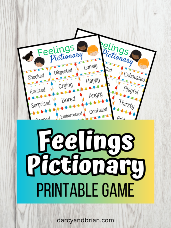 Digital preview of two pages of word cards to cut out for Feelings Pictionary Printable Game.