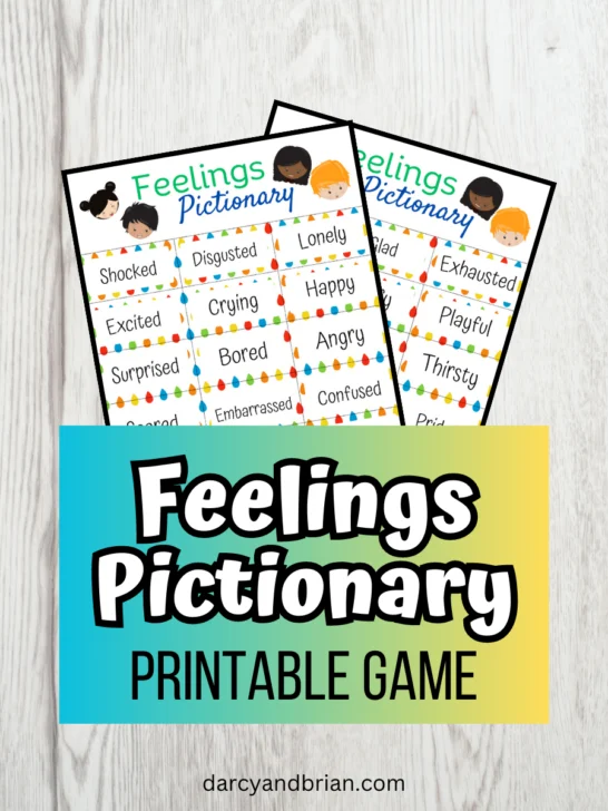 Digital preview of two pages of word cards to cut out for Feelings Pictionary Printable Game.