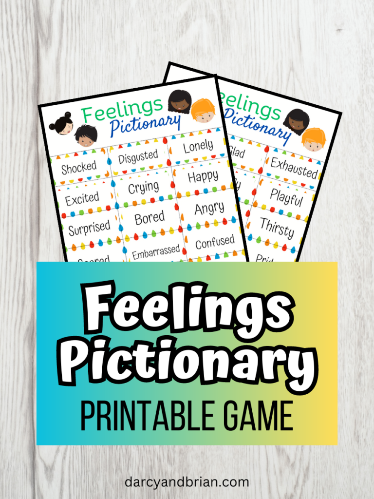 Digital preview of two pages of word cards to cut out for Feelings Pictionary Printable Game.