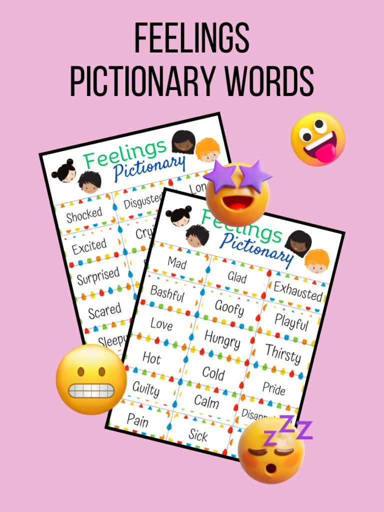 Black text at top says Feelings Pictionary Words with preview images of two pages on a light pink background. There are various emojis around the preview images too.