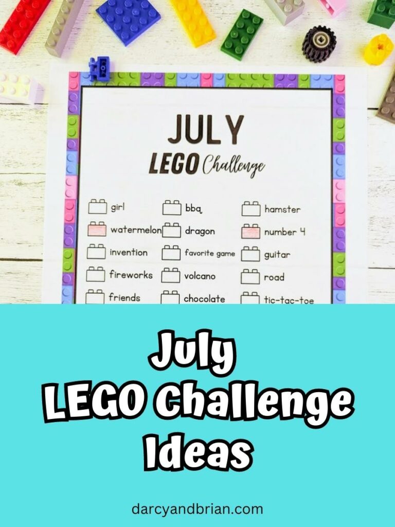 Assorted LEGO bricks scattered along the top, above a print out of the July LEGO Challenge ideas list. Bright blue rectangle covers bottom half of page with text that says July LEGO Challenge Ideas.