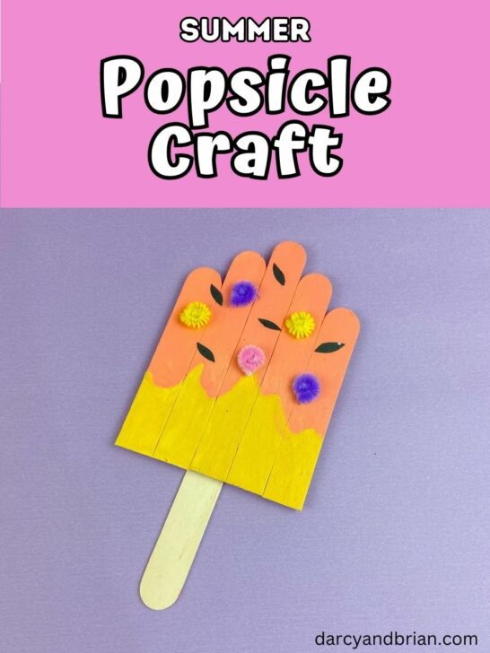 White text outlined with black on a bright pink background at the top of image says Summer Popsicle Craft. Picture shows a popsicle made using craft sticks, paint, and pieces of chenille stems. Popsicle project is laying on purple background.