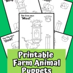 Mock up of several pages from the farm animal finger puppet printable set.