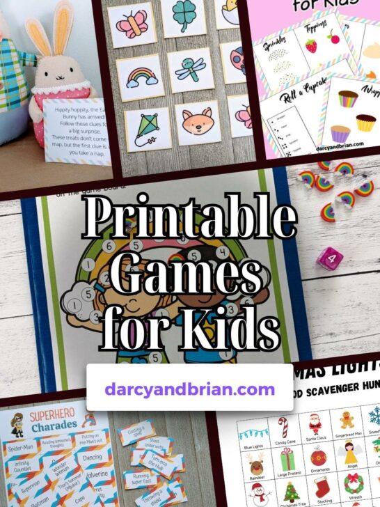 A collage of images for five different printable games for kids.