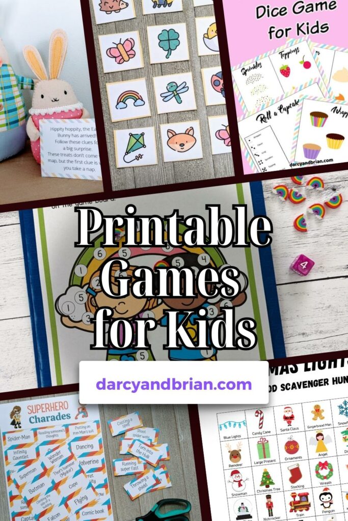 A collage of images for five different printable games for kids.