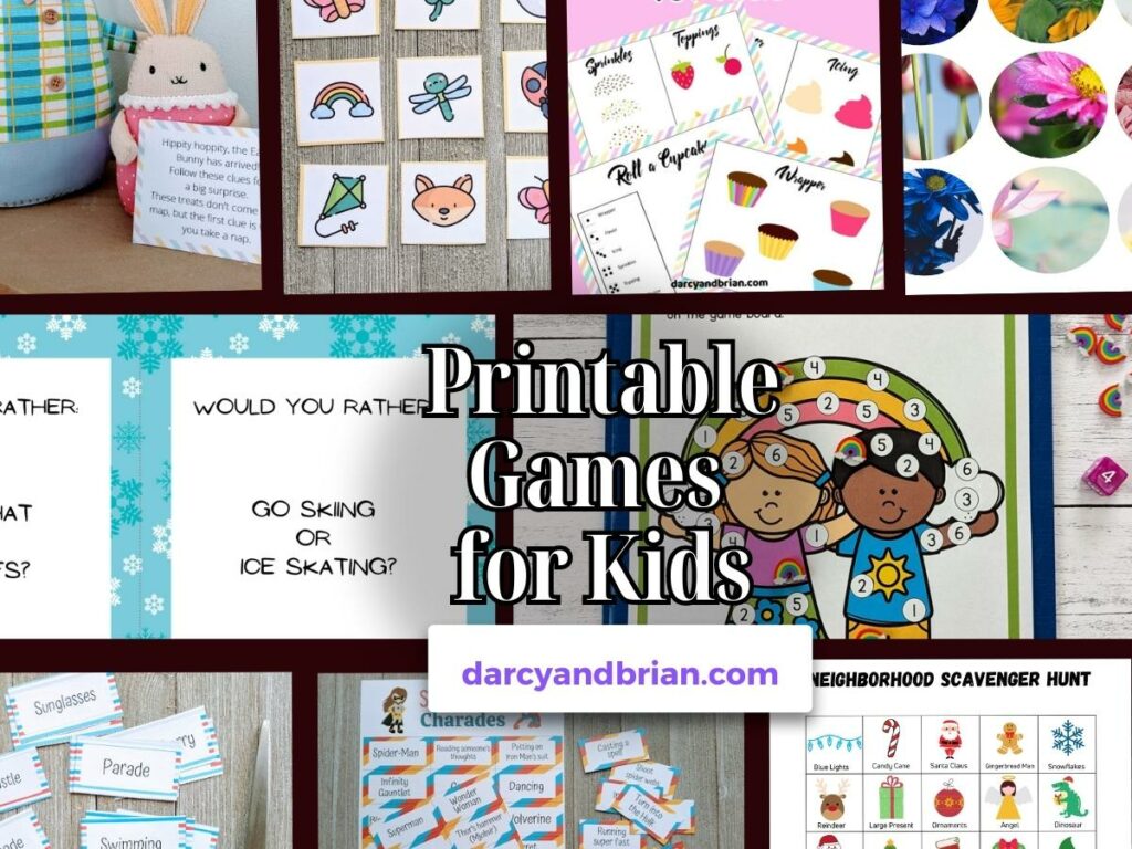 Image collage of nine different printable games for kids in horizontal orientation.