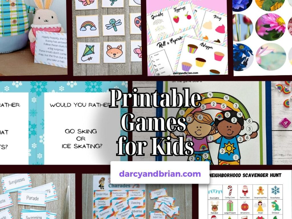Image collage of nine different printable games for kids in horizontal orientation.