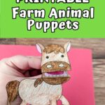 Brown colored horse finger puppet held up with a piece of red paper in the background. Green text box above the photo says Printable Farm Animal Puppets.