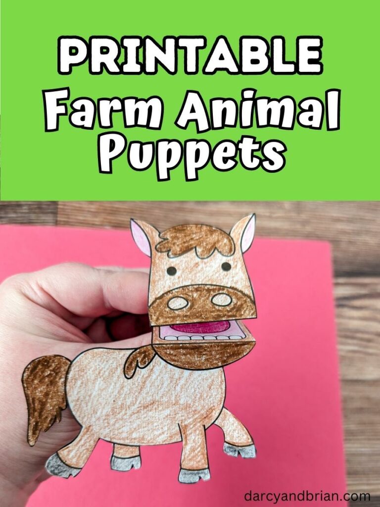 Brown colored horse finger puppet held up with a piece of red paper in the background. Green text box above the photo says Printable Farm Animal Puppets.