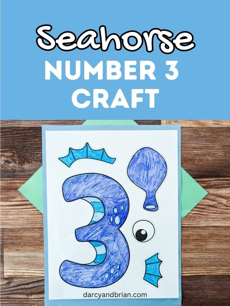 Light blue text box at the top says Seahorse Number 3 Craft. Below is a photo of the craft template printed out and colored in with crayons.